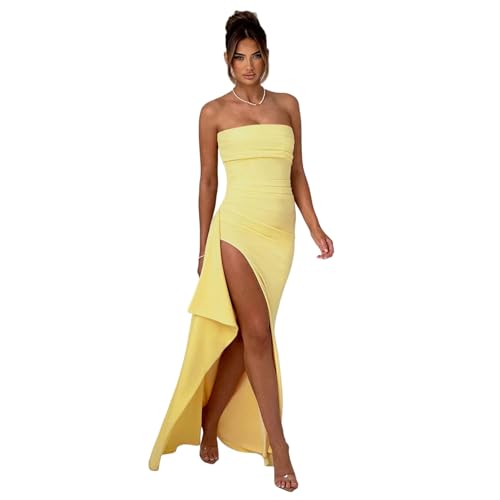 Women's Sexy Strapless Backless High Split Long Maxi Dress Ruched Off Shoulder Sleeveless Bodycon...