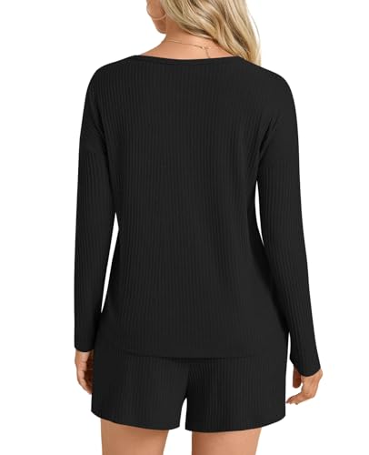 Image of Anydoll Womens Pajama Sets Waffle Knit Lounge Sets Long Sleeve Top and Shorts 2 Piece Loungewear with Pockets