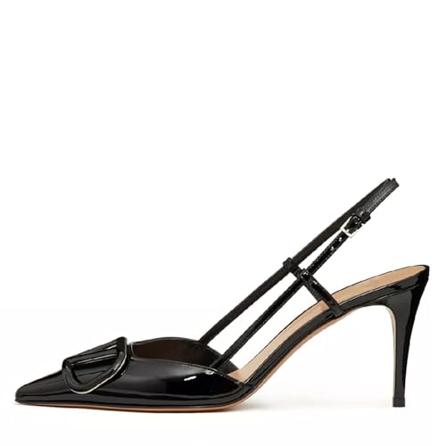Image of BlingQueen Women Heeled Slingback Sandals Closed Pointed Toe Stiletto High Heels Patent Leather Pumps Slip-On Backless Evening Prom Party Dress Shoes