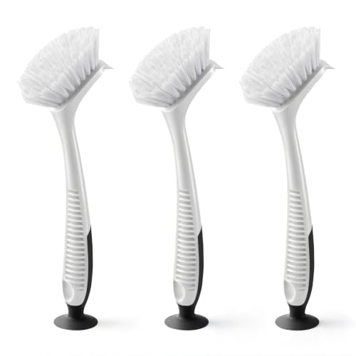Image of SetSail Dish Brush with Handle Suction Cup Kitchen Scrub Brush 3 Pack Black