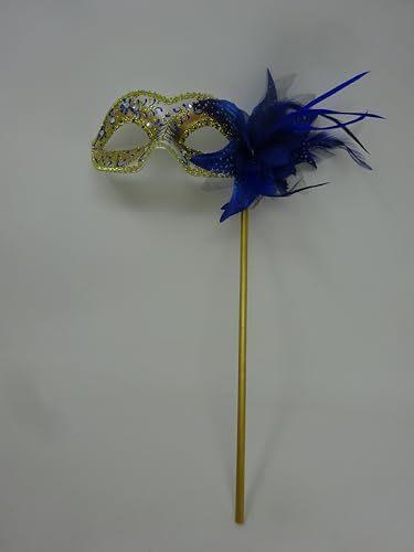 Masque vénitien bleu et doré sur bâton avec fleur pour carnaval et Halloween
