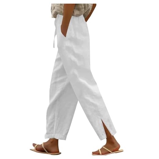 Ventes Flash Pantalon Fluide Femme Été Pantalon Lin Femmes Soldes D'Été Pantalons Taille Elastique Offre de Printemps Ete Pantalons Pas Cher Léger Casual Elegant Couleur Unie Vetement Mode Pants
