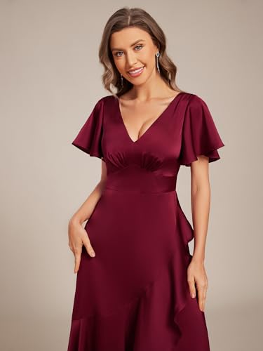Image of Ever-Pretty Women's V Neck Satin Short Sleeves Ruffle Hi-Lo Midi Bridesmaid Dress 02336