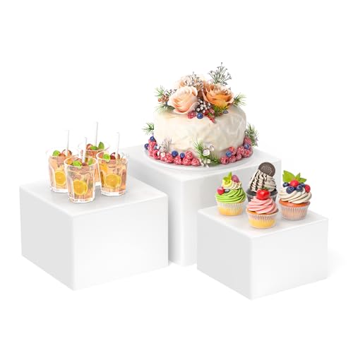 KOLIPI 3Pcs Buffet Risers, Food Risers for Buffet Table, Acrylic Boxes for Display Cube Riser Display Stand for Party Catering Dessert Collectibles, White Set (Size 8", 7", 6") by KOLIPI - Used condition - US$21.38