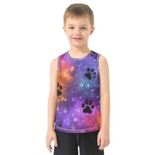 Bolaz Boys Athletic Quick Dry Tank Top Sleeveless Workout T Shirts Age 11-15,Colorful Black Paw Prints Pattern2