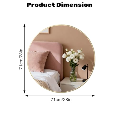 Image of Simple Deluxe 28 Inch Round Bathroom Mirror, Black Vanity Mirror with Metal Frame, Modern Circle for Bathroom, Entryway, Bedroom, Living Room, Wall Mounted Decorative Mirrors (Gold)