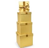 Gift Boutique - Gold Square Christmas Gift Boxes with Ribbon Bow Set Of 4 Assorted Sizes Reusable Cardboard Stacked Nesting Box with Lids for Gift Giving Holiday Decorative Gifts Present Wrapping