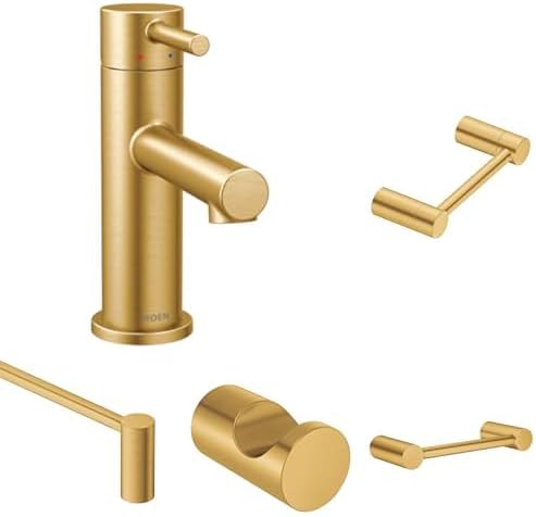 Moen Align Brushed Gold Modern Bathroom Set - Single Handle Faucet with 24-Inch Towel Bar, 9-Inch Hand Towel Bar, Pivoting Toilet Paper Holder, and Robe Hook