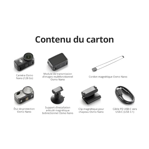 DJI Osmo Nano Bundle Standard (128 Go) - Petite caméra vlog 4K/60 IPS avec capteur 1/1,3″, vidéo FOV Large 143°, 200 Min d'enregistrement, caméra POV magnétique 4K pour Le Sport, Le vlog