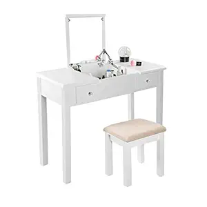 AODAILIHB Vanity Table with Flip Top Mirror Makeup Dressing Table Writing Desk with Cushioning Makeup Stool Set, 2 Drawers 3 Removable Organizers Easy Assembly (White)