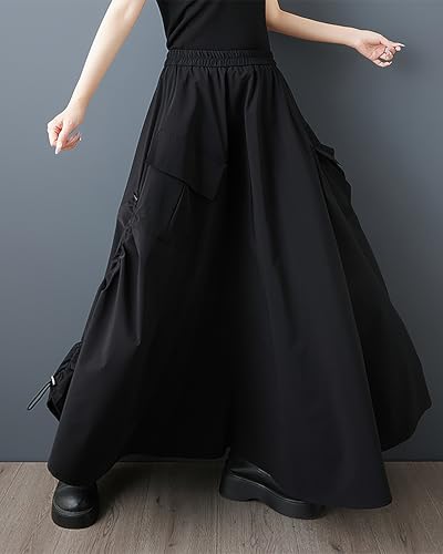 ellazhu Women's Skirt Elastic Waist Pockets Plus Size Solid Casual Fashion Maxi GZ550 A4