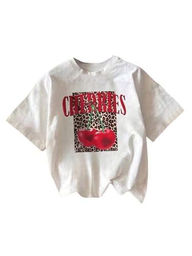 Girl's Cherry Leopard Shirt Short Sleeve Loose Cute Summer T Shirt Trendy Aesthetic Baggy Tops