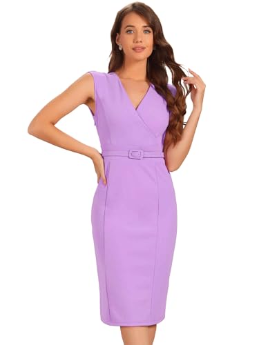 Image of Allegra K Business Dress for Women's Pencil Sheath Work Dress | V Neck Knee-Length Sleeveless Dress With Belted
