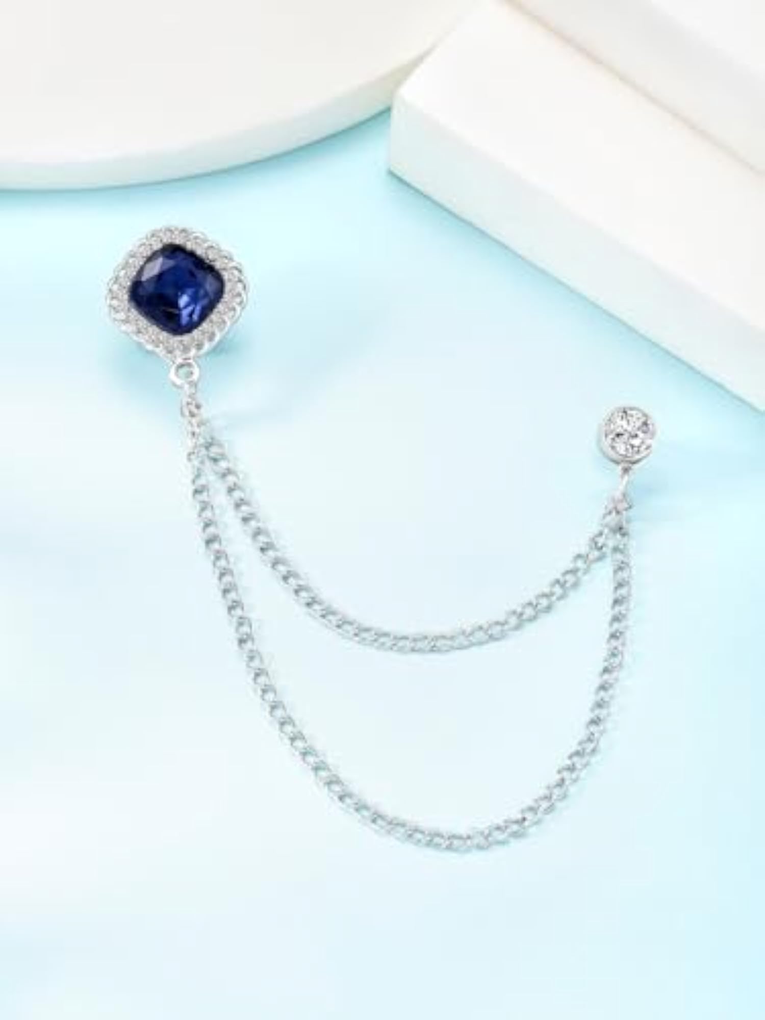 Men's Silver Plated Blue Crystal Double Chain Brooch