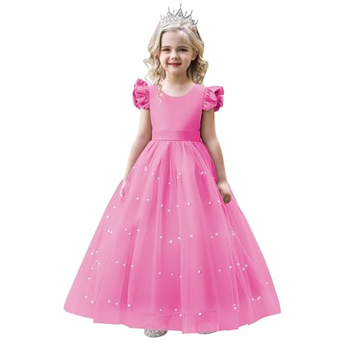 Flower Girl Dress Flying Sleeve Girls Pageant Dresses Pearls Tulle First Communion Dress V-Back Wedding Formal Ball Gown with Bow, Rose 2