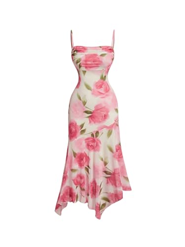 GORGLITTER Women's Floral Ruched Bodycon Cami Dress Mesh Sleeveless Ruffle Asymmetrical Hem Midi Dresses