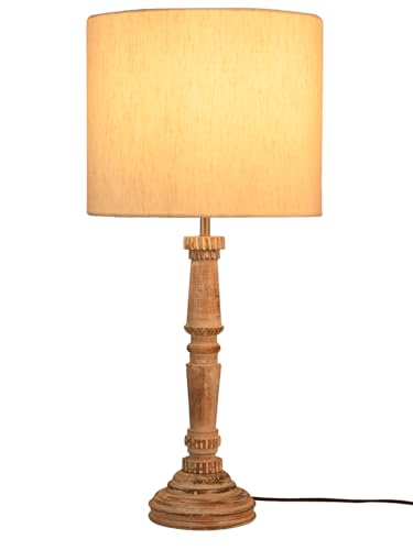 Image of Green Girgit Empire Wooden Lamp in Distress White Color with Jute White Lamp Shade, Reading & Bedside Table Lamp, Home & Living Room Decor Item