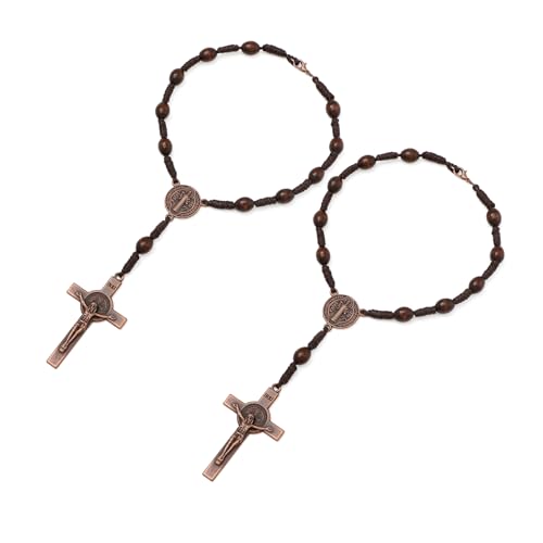 KOMI 2 PCS Wood Rosary Beads for Car Rearview Mirror, Handmade Wooden Rosary with St Benedict Medal and Crucifix Cross Car Rosaries Catholic Gifts