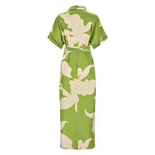 Vestido camisero elegante de manga corta con estampado floral y cuello levantado para mujer 4