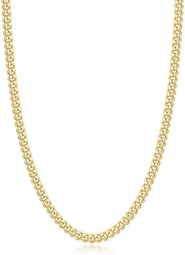 Jewlpire Gifts for Men Italian Six-Faceted Design14K Gold-Plated Cuban Link Chain Necklace for Men Women, 4MM Stainless Steel with 925 Sterling Silver Plated Mens Chain Necklace 16 18 20 22 24 26 Inch