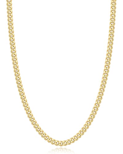 Jewlpire Gifts for Men Italian Six-Faceted Design14K Gold-Plated Cuban Link Chain Necklace for Men Women, 4MM Stainless Steel with 925 Sterling Silver Plated Mens Chain Necklace 16 18 20 22 24 26 Inch
