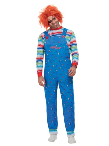 Smiffys Chucky Costume in Blue for Adults Top and Printed Dungarees Officially Licensed Striped Top with Colour Block Cuffs Perfect for Halloween and Matching Pet Costumes