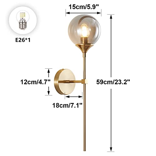 Image of BOKT Brushed Brass Gold Wall Mounted Sconce Set of 2 Mid Century Modern Long Globe Wall Light Fixture Vintage Smoke Gray Glass Wall Sconce Lighting (Smoke Gray)
