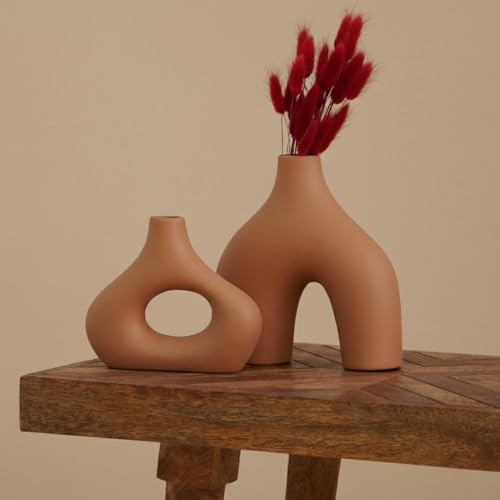 Image of PUREZENTO Abstract Brown Ceramic Donut Vase 5.4 & 7.7 Inch - Set of 2 | Decorative Unique Modern Vase for Dried Flowers & Pampas Grass | Vases for Modern Home Decor, Living Room, Office Decor Ideas
