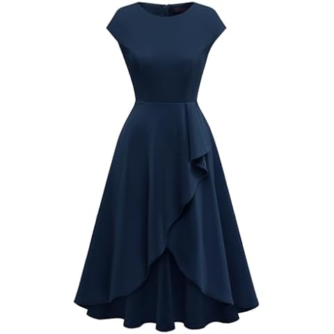 Bridesmay Cocktail Dress for Women Wedding Guest with Sleeves Crewneck,Fit Flare Ruffle Split Evening Party Dress Navy M Cover