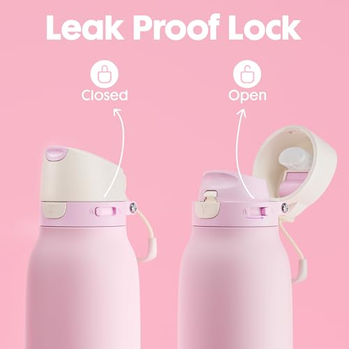 Image of Meoky 24 oz Stainless Steel Slim Water Bottle: Leak Proof Locking Lid, 2-in-1 Straw and Spout, 24 Hours Cold, Top Handle, Fits in Car Cup Holder, Insulated Water Bottle for Backpack, Blush