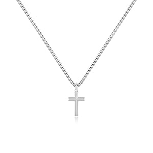 Simple Silver Cross Necklace for Men, Stainless Steel Mens Cross Pendant Chain Necklace for Teen Boys Black Gold Rolo Link Chain 16-24 Inch Birthday Gift for Girls Women