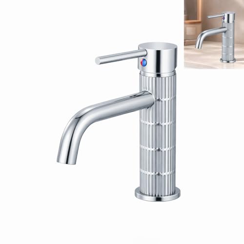 Grifo de lavabo de latón macizo, grifo monomando para baño, acabado cepillado vintage, mezclador para lavabo sobre encimera, cartucho cerámico (Cromado, Estándar)