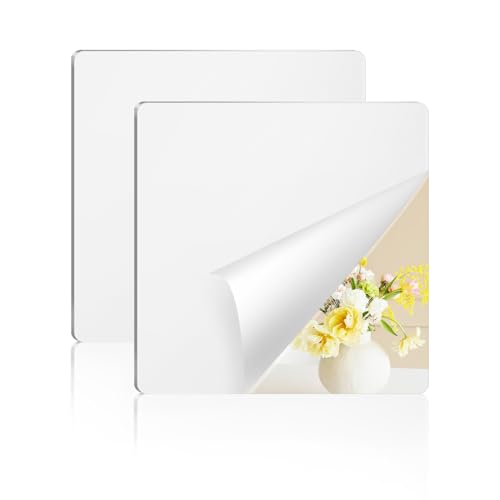 yuntop 2 Pack Self Adhesive Acrylic Mirror 2MM Flexible Plastic Mirror Shatterproof PS Frameless Wall Mirror for Bathroom Vanity and Entryway (12 x 12 inch)