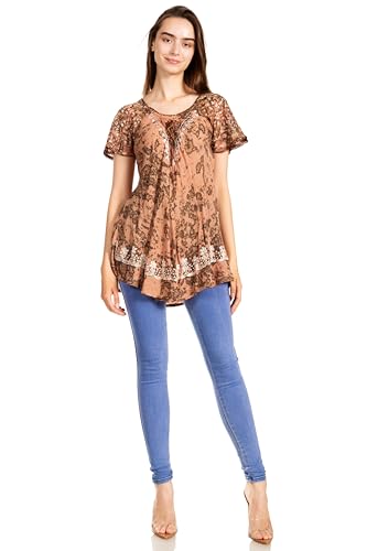 Image of Sakkas Ash Speckled Tiedye Embroidered Cap Sleeve Blouse Top with Embroidery Hems