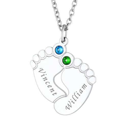 FindChic Custom Baby Feet Necklaces with 1/2/3/4/5 Names Birthstones Personalized New Mom Gift 925 Sterling Silver/Stainless Steel Metal Family Jewelr