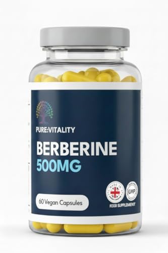 Pure Vitality Berberine HCL 500mg – 60 Vegan Capsules – 98% Purity – High Strength Formula – UK GMP Certified Manufacturer