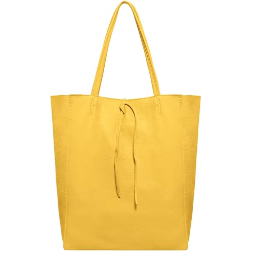 Image of Genuine Italian Leather Tote Bag for Women, Large Slouchy Purse, Yellow | Unstructured bag, raw unlined interior with zip pocket, top zipper, side ties, folds flat, fits a 16-inch laptop, lightweight