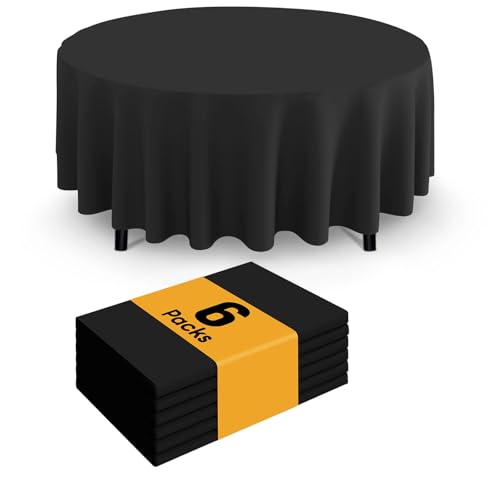 Image of Smiry Disposable Table Cloth - 6 Pack, 84 Inch Round Waterproof Tablecloths for Parties, Decorative Plastic Table Cover, Leakproof & Sturdy, Black