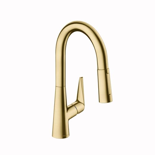 hansgrohe Talis S 72815251   Grifo de cocina con 1 mango de 14 pulgadas de alto, rociador de acoplamiento magnético de 1.75 GPM en óptica de oro cepillado, 72815251
