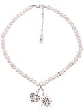 Leslii Damen-Kette Edelweiß Herz Dirndl-Kette Oktoberfest Strass-Anhänger Perlen-Kette Weiß Silber