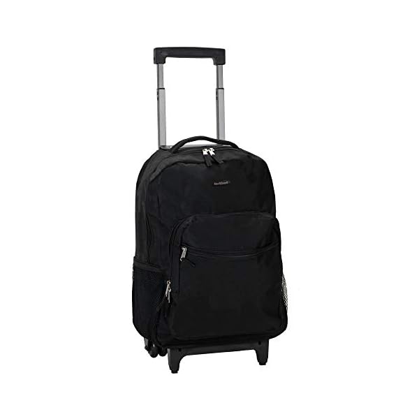 Rockland Double Handle Rolling Backpack black 17-inch with double wheels and telescoping handle.