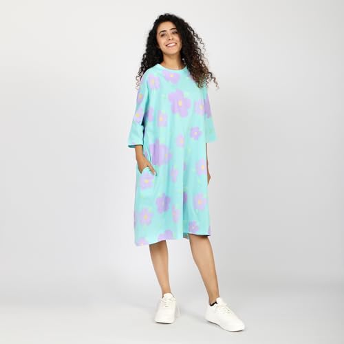 Image of LAMA STORE Women's Printed Oversized T-Shirt Dress, Cotton, 3 /4 Sleeve Length, Casual Loose Fit, Comfort Wear Extra Comfy Oversized Printed Pocket T-Shirt Dress