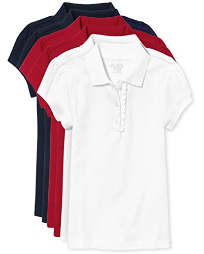 The Children's Place Girls Short Sleeve Ruffle Pique Polo,Ruby/Tidal/White- 6 Pack,XL (14)