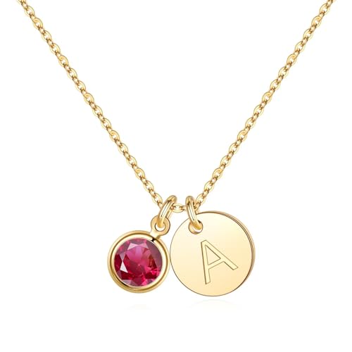 Hidepoo Birthstone Necklace for Woman- July Birthday Gift Disc Initial A Necklaces Birthstone Jewelry Mothers Day Gifts for Women Mom Wife Present