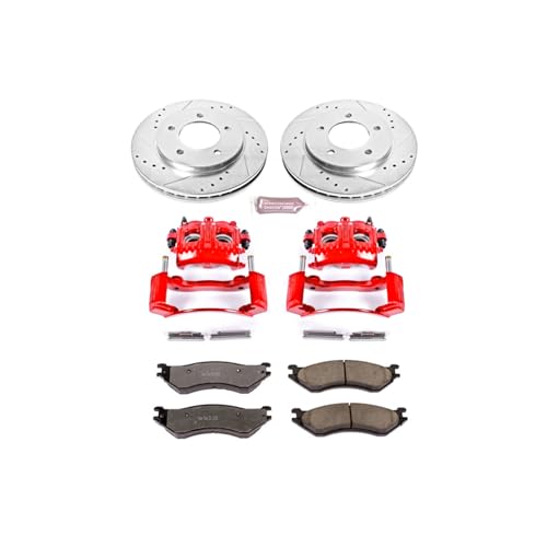 Image of PowerStop Front Brake & Caliper Kit for Ford Expedition 1997-02 | Lincoln Navigator 1998-02 - Drilled & Slotted Disc Rotors + Z36 Brake Pads + Red-Powder Coated Calipers, KC1869-36