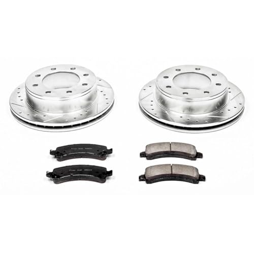 Image of PowerStop Rear Brake Kit for Chevrolet Express 2500 2003-20 |Express 3500 2003-20 |GMC Savana 2500 2003-20 - Drilled and Slotted Disc Rotors with Carbon-Fiber Ceramic Brake Pads Replacement, K2039