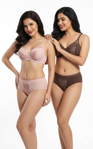 Image of Combo Pack of 2, Premium Women's Cotton Rich Non-Padded Wire-Free Lingerie Sets | Full Coverage Bra & Low Rise Panty with Lace Work | Bra Panty Sets