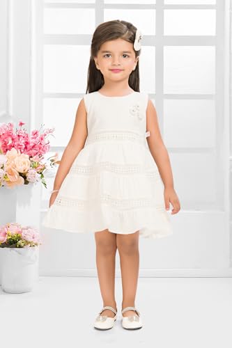 Image of Soft Cotton Lace Work Knee Length Fit & Flare Dress for Kids & Girls, Flower Embellished Frock for Casual & Special Occasion