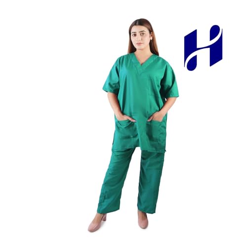 Image of Comfort Scrub Suit for Women - 5-Pocket Set with V Neck Top & Bottom, Half Sleeves, Breathable Fabric - Durable Uniform for Doctors, Nurses, and Dentists in Navy Blue (L, GREEN)