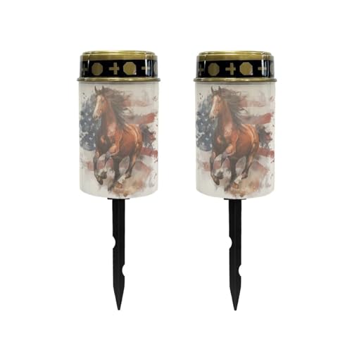 Image of Poceacles 4th of July Horse American Flag Retro Solar Powered Flameless Candle Cemetery Votive Candles Waterproof Outdoor Memorial Solar Stake Lights Home Outdoor Patriotic Decoration, 2 PCS